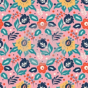 Vector seamless pattern with different flowers, leaves, berries on a pink background. pattern for printing on fabric, clothing, wr